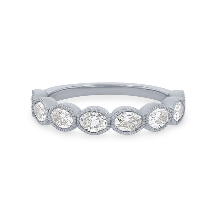 White Gold 14K Oval Diamond Bezel Milgrain Wedding Band