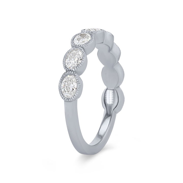 White Gold 14K Oval Diamond Bezel Milgrain Wedding Band