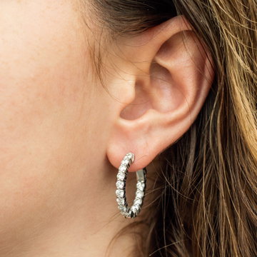 0.85 inch Oval Diamond Hoop Earrings In Solid 14K White Gold