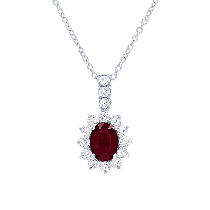 Ruby and Diamond Halo Pendant In White Gold 14K
