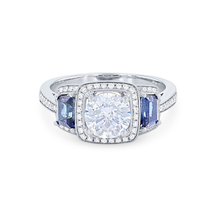 White Gold 18K Simon G. Three Stone Sapphire and Round Diamond Engagement Setting