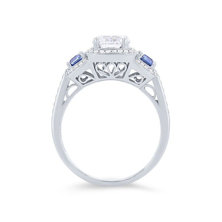 White Gold 18K Simon G. Three Stone Sapphire and Round Diamond Engagement Setting