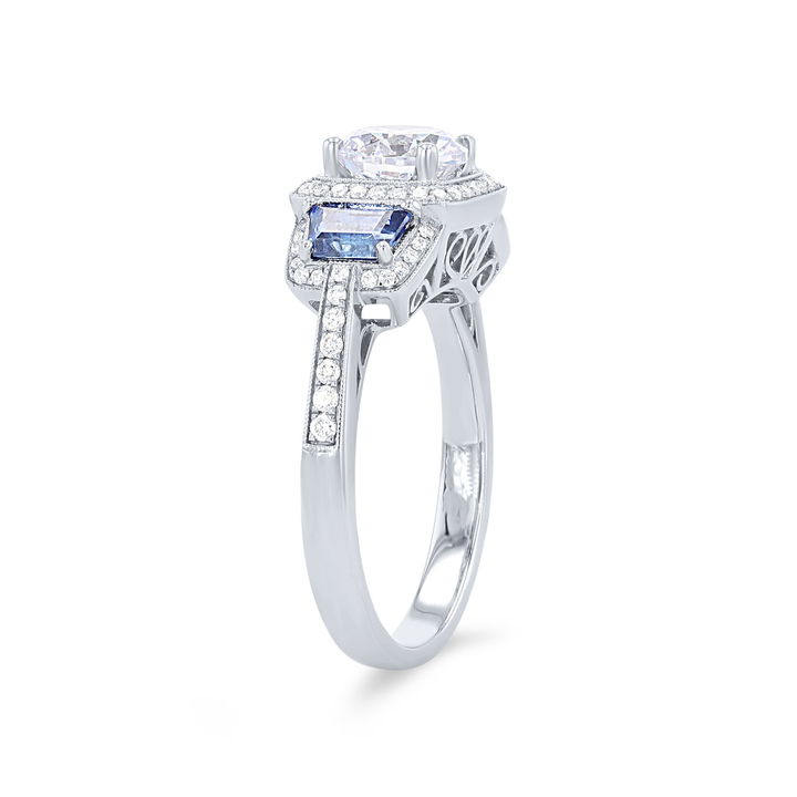 White Gold 18K Simon G. Three Stone Sapphire and Round Diamond Engagement Setting