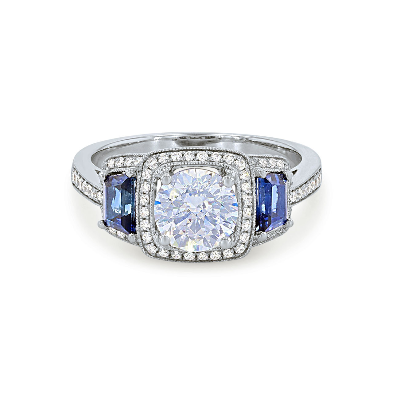 Simon G. Three Stone Sapphire and Round Diamond Engagement Setting 0
