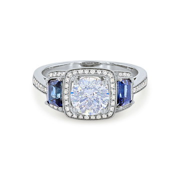 Simon G. Three Stone Sapphire and Round Diamond Engagement Setting In White Gold 18K