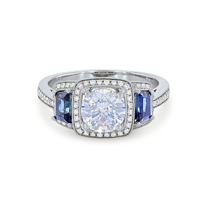 Simon G. Three Stone Sapphire and Round Diamond Engagement Setting In White Gold 18K