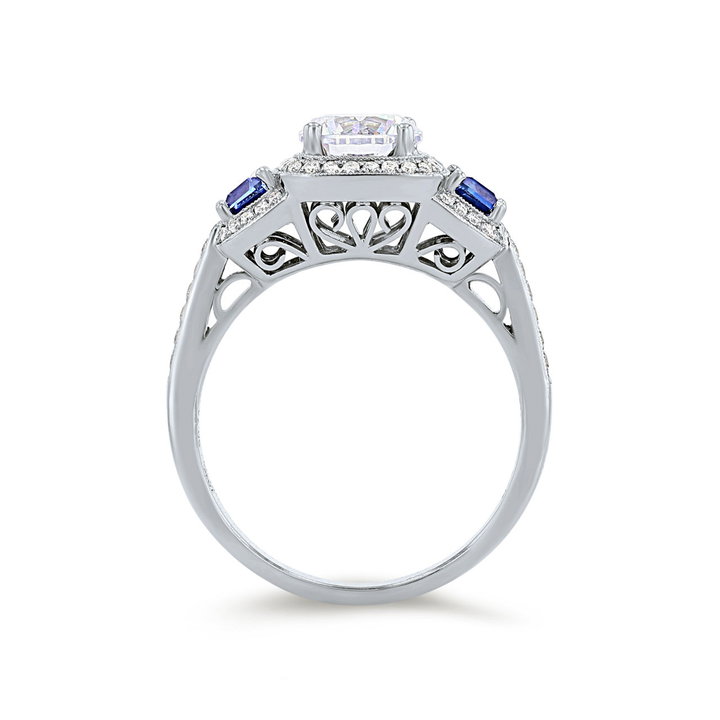 Simon G. Three Stone Sapphire and Round Diamond Engagement Setting In White Gold 18K