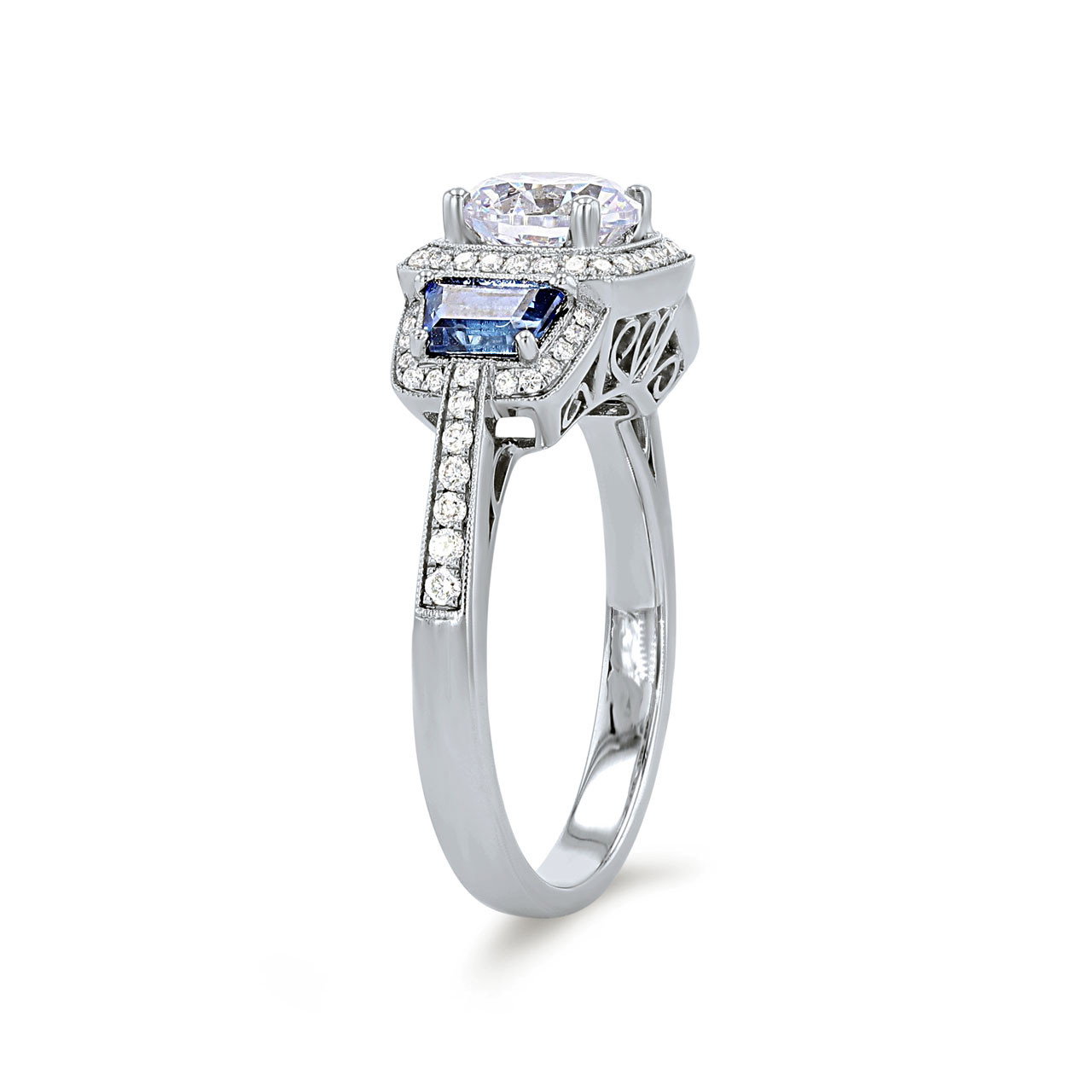 Simon G. Three Stone Sapphire and Round Diamond Engagement Setting 1