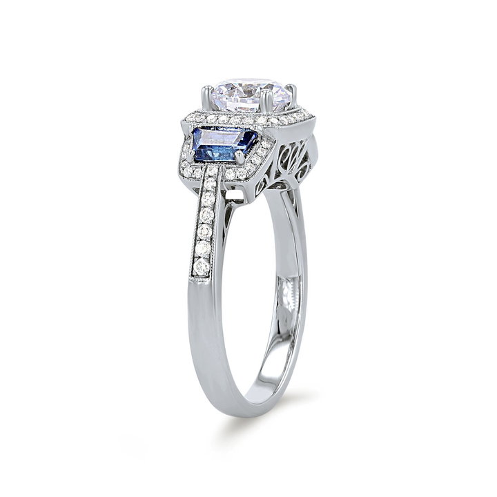 Simon G. Three Stone Sapphire and Round Diamond Engagement Setting In White Gold 18K