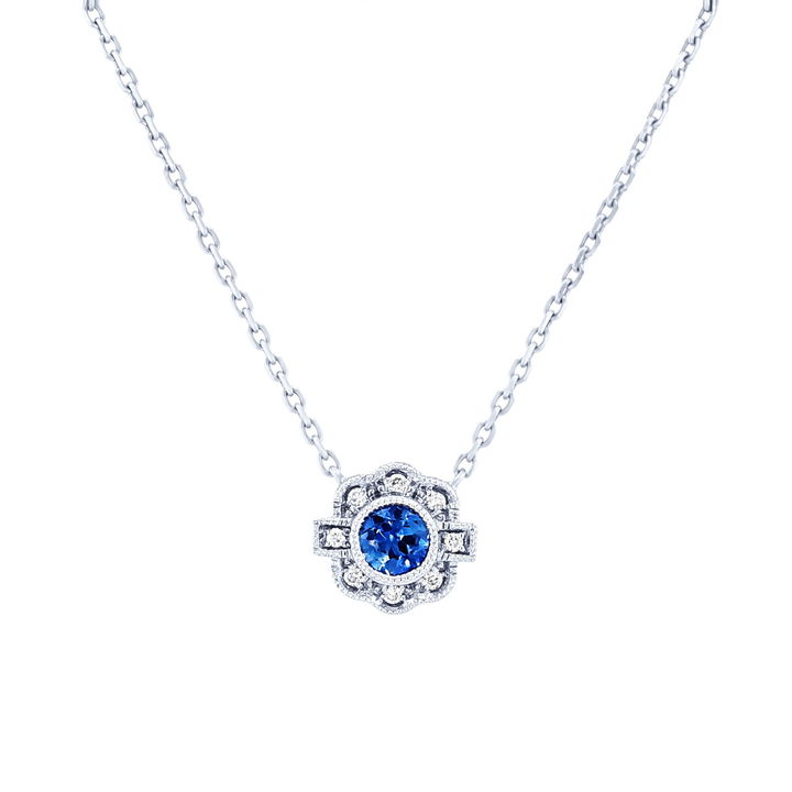 Vintage Sapphire and Diamond Pendant In White Gold 14K