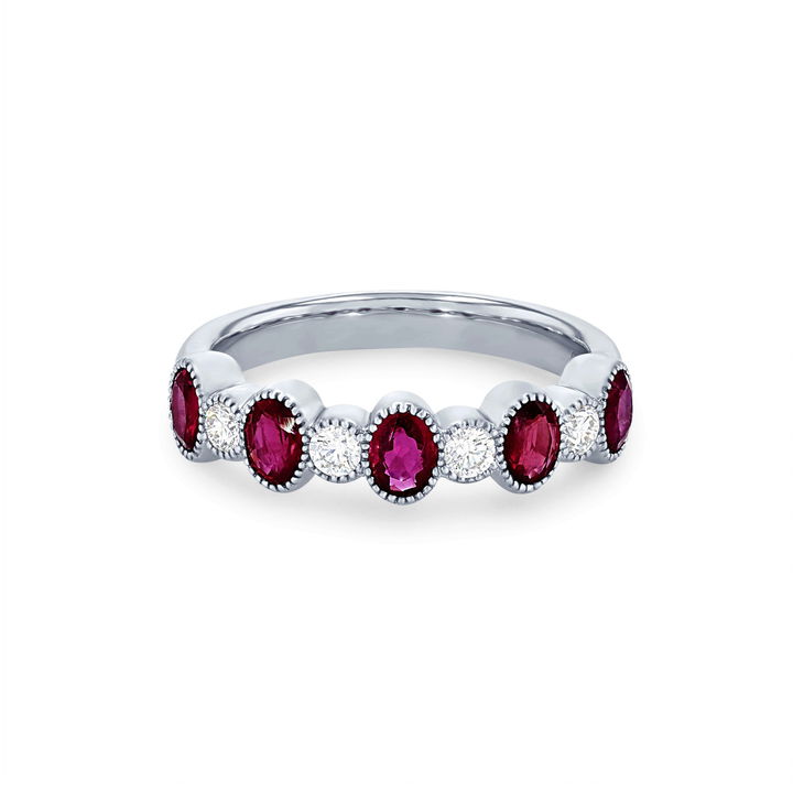 Yellow Gold 14K Alternating Ruby and Diamond Bezel Band