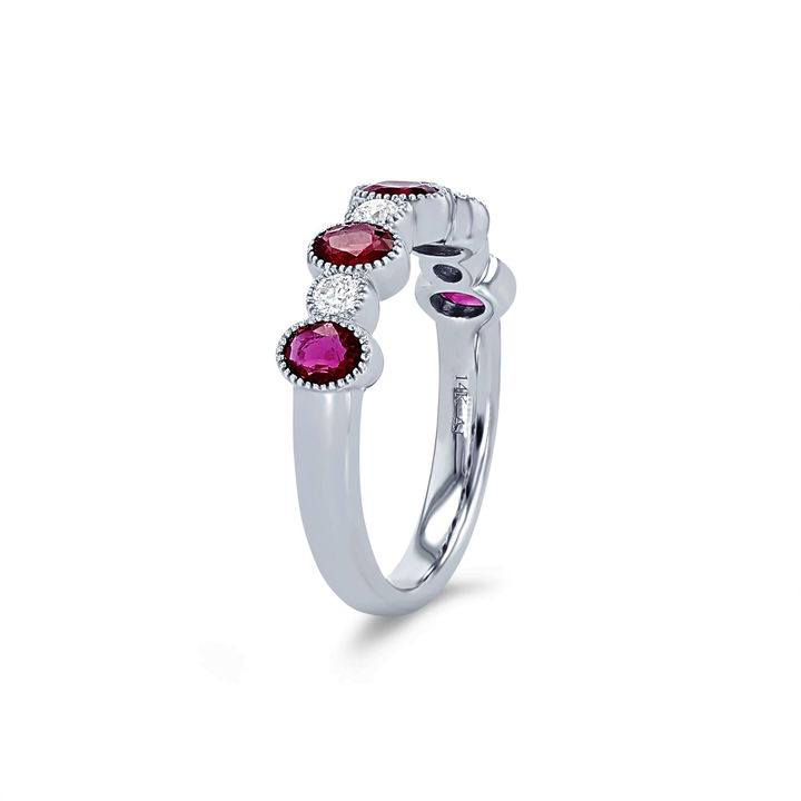 Yellow Gold 14K Alternating Ruby and Diamond Bezel Band