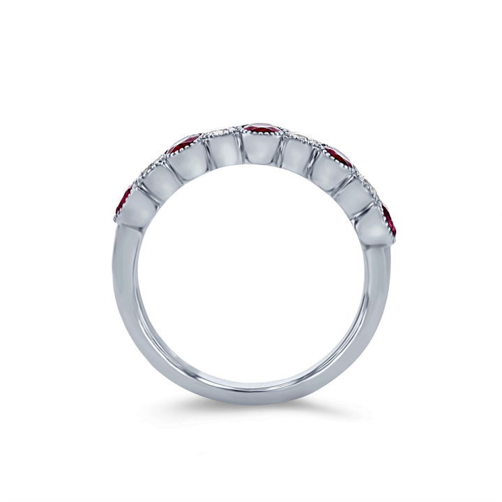 Yellow Gold 14K Alternating Ruby and Diamond Bezel Band