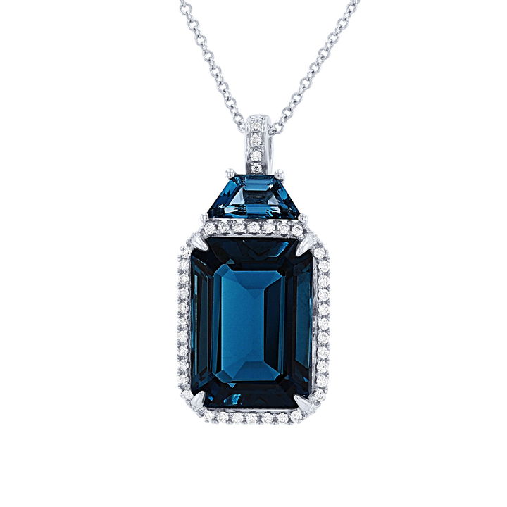 White Gold 14K Blue Topaz and Diamond Pendant