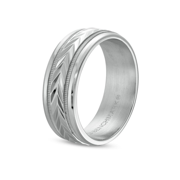 Chevron Milgrain 8mm Wedding Band In White Gold 14K
