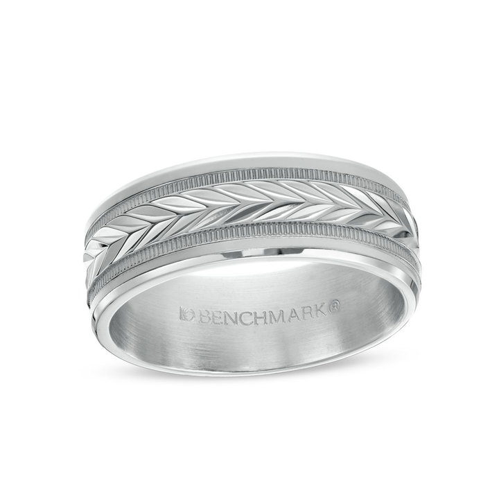 Chevron Milgrain 8mm Wedding Band In White Gold 14K