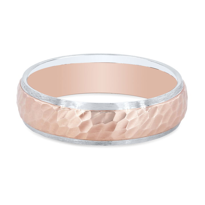 Two Tone Hammered 6mm Wedding Band In White And Yellow Gold 14K