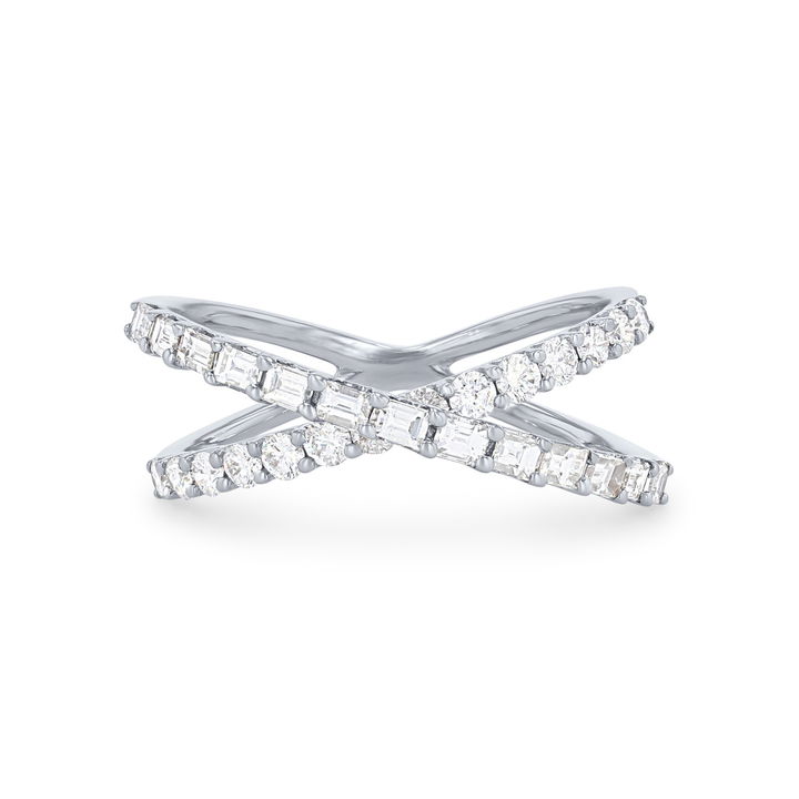 Mixed Diamond "X" Ring In White Gold 14K