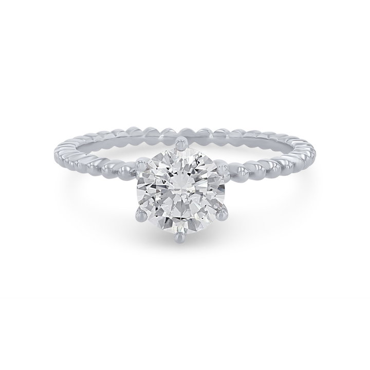 Solitaire Six Prong Beaded Engagement Setting In White Gold 14K
