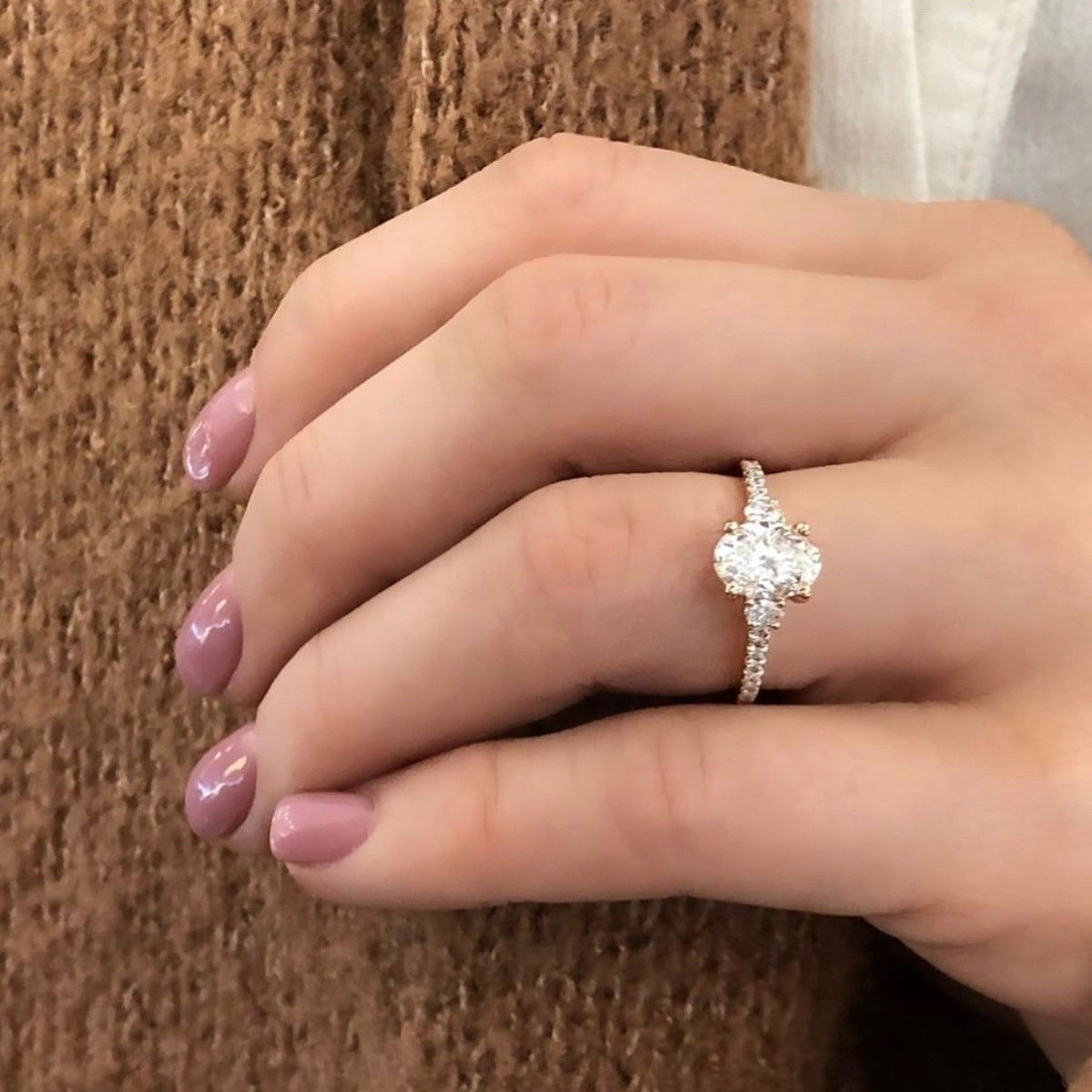 Petite Three Stone Oval Diamond Pave Engagement Setting