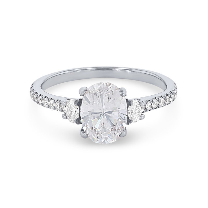 Petite Three Stone Oval Diamond Pave Engagement Setting In Platinum