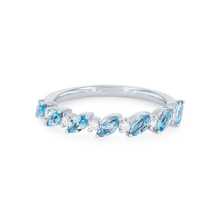 White Gold 14K Alternating Marquise Blue Topaz and Diamond Wedding Band