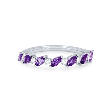 Alternating Marquise Amethyst and Diamond Wedding Band In Yellow Gold 14K