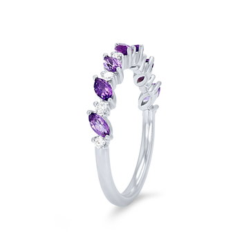 Alternating Marquise Amethyst and Diamond Wedding Band In Yellow Gold 14K