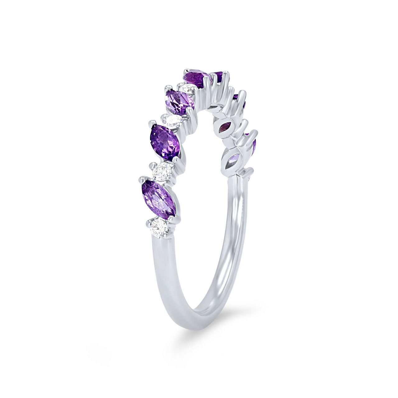 Alternating Marquise Amethyst and Diamond Wedding Band