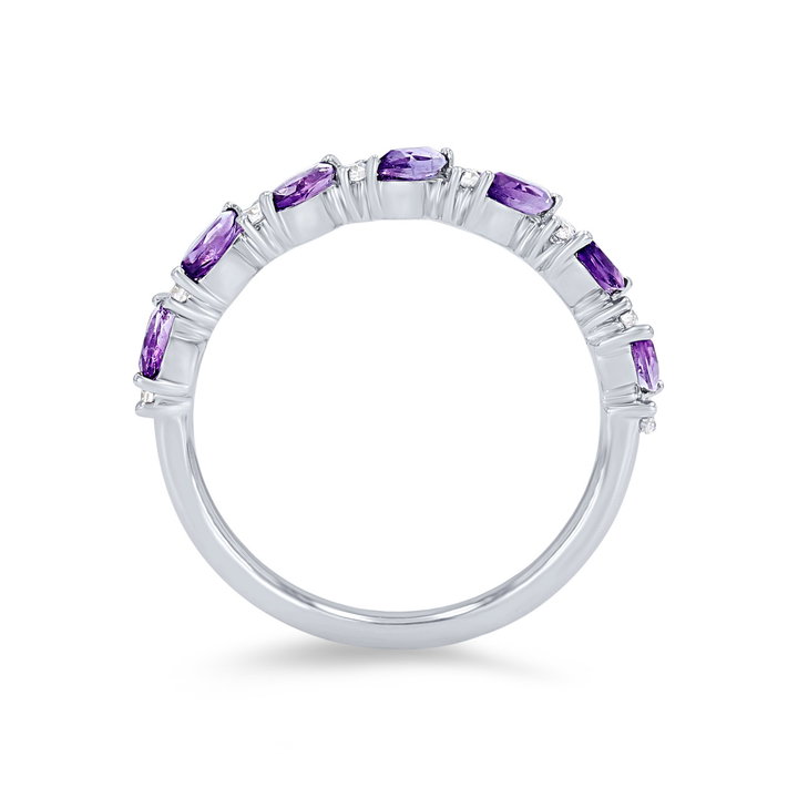 Alternating Marquise Amethyst and Diamond Wedding Band In Yellow Gold 14K