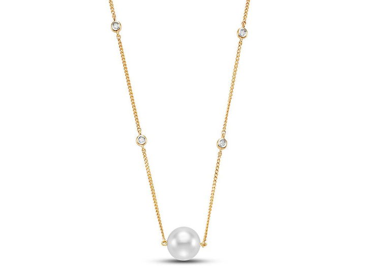 Pearl and Diamond Bezel Chain Pendant In Yellow Gold 14K