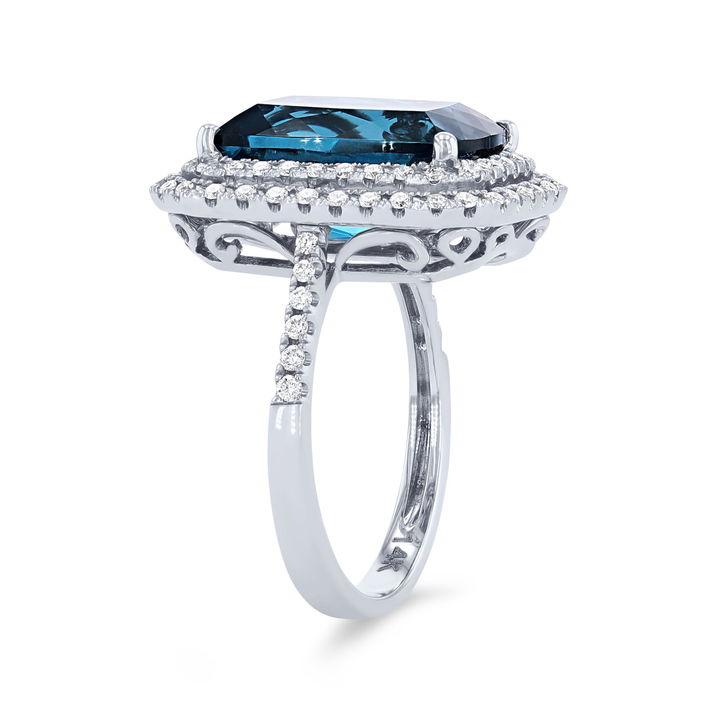 Double Halo London Blue Topaz Ring In White Gold 14K