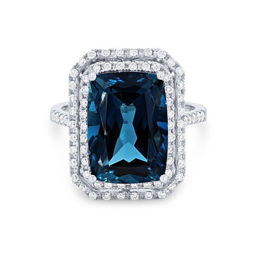 Double Halo London Blue Topaz Ring In White Gold 14K