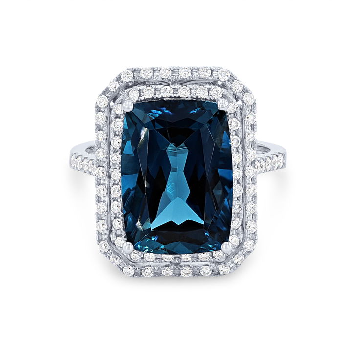Double Halo London Blue Topaz Ring In White Gold 14K