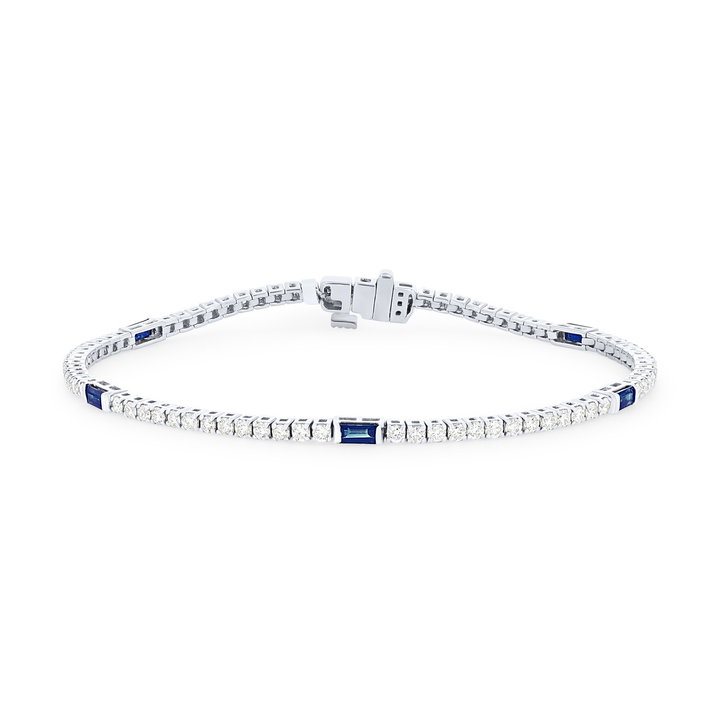 Sapphire and Diamond Station Tennis Bracelet In Solid 14K White Gold