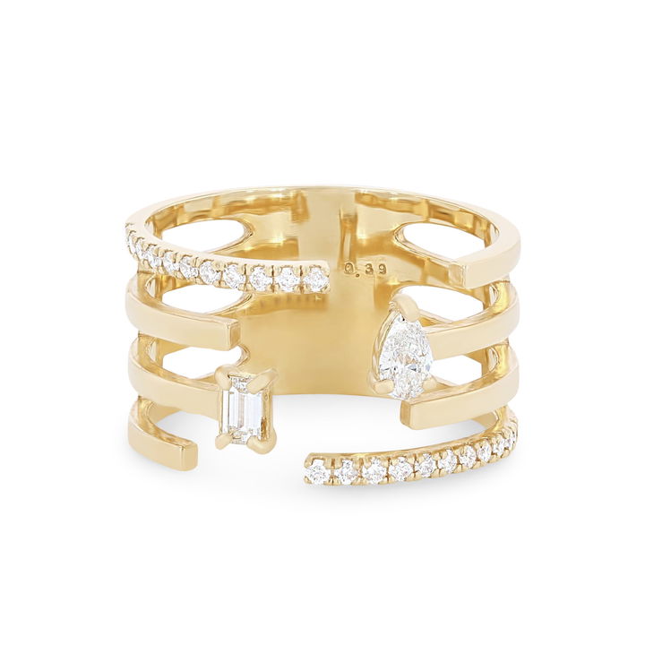 Yellow Gold 18K Four Row Mixed Diamond Ring