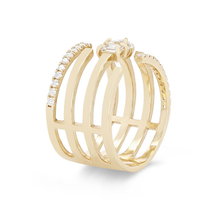 Yellow Gold 18K Four Row Mixed Diamond Ring