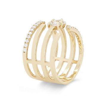 Four Row Mixed Diamond Ring In Yellow Gold 18K