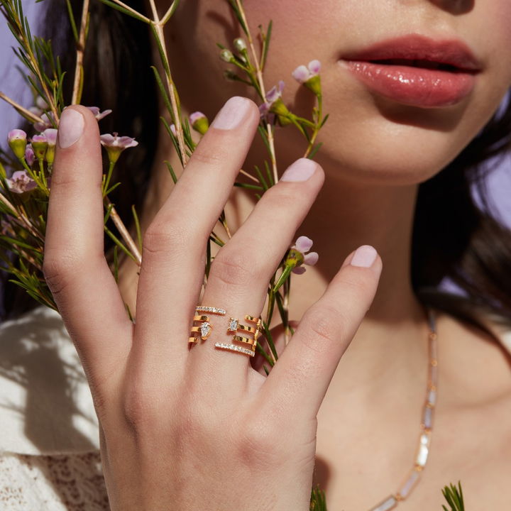 Yellow Gold 18K Four Row Mixed Diamond Ring