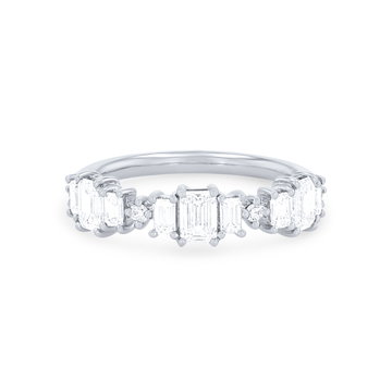 Three Stone Emerald and Round Diamond Wedding Band In Yellow Gold 14K