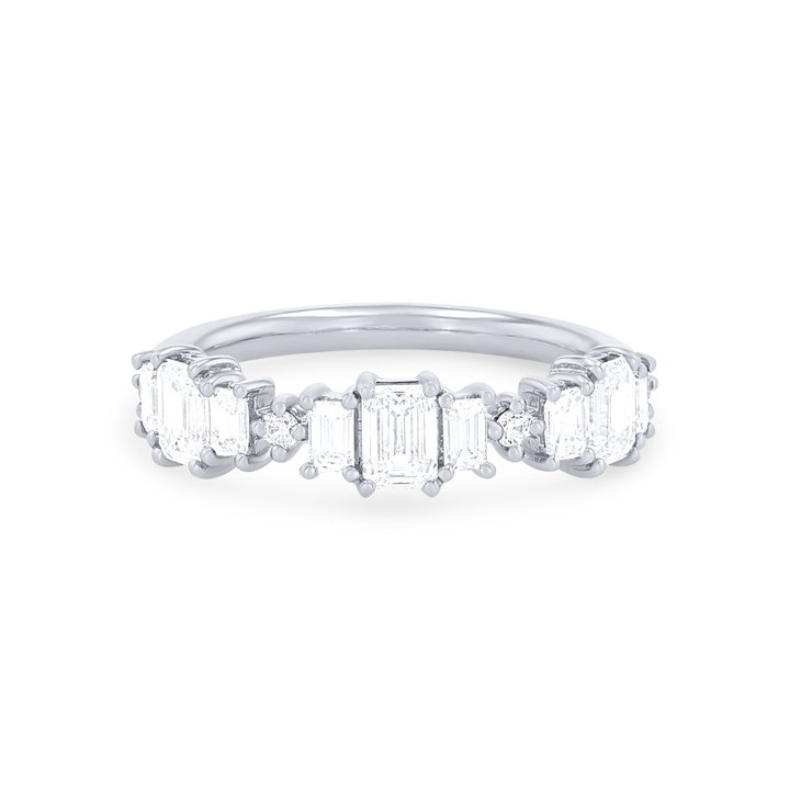 Three Stone Emerald and Round Diamond Wedding Band In Yellow Gold 14K
