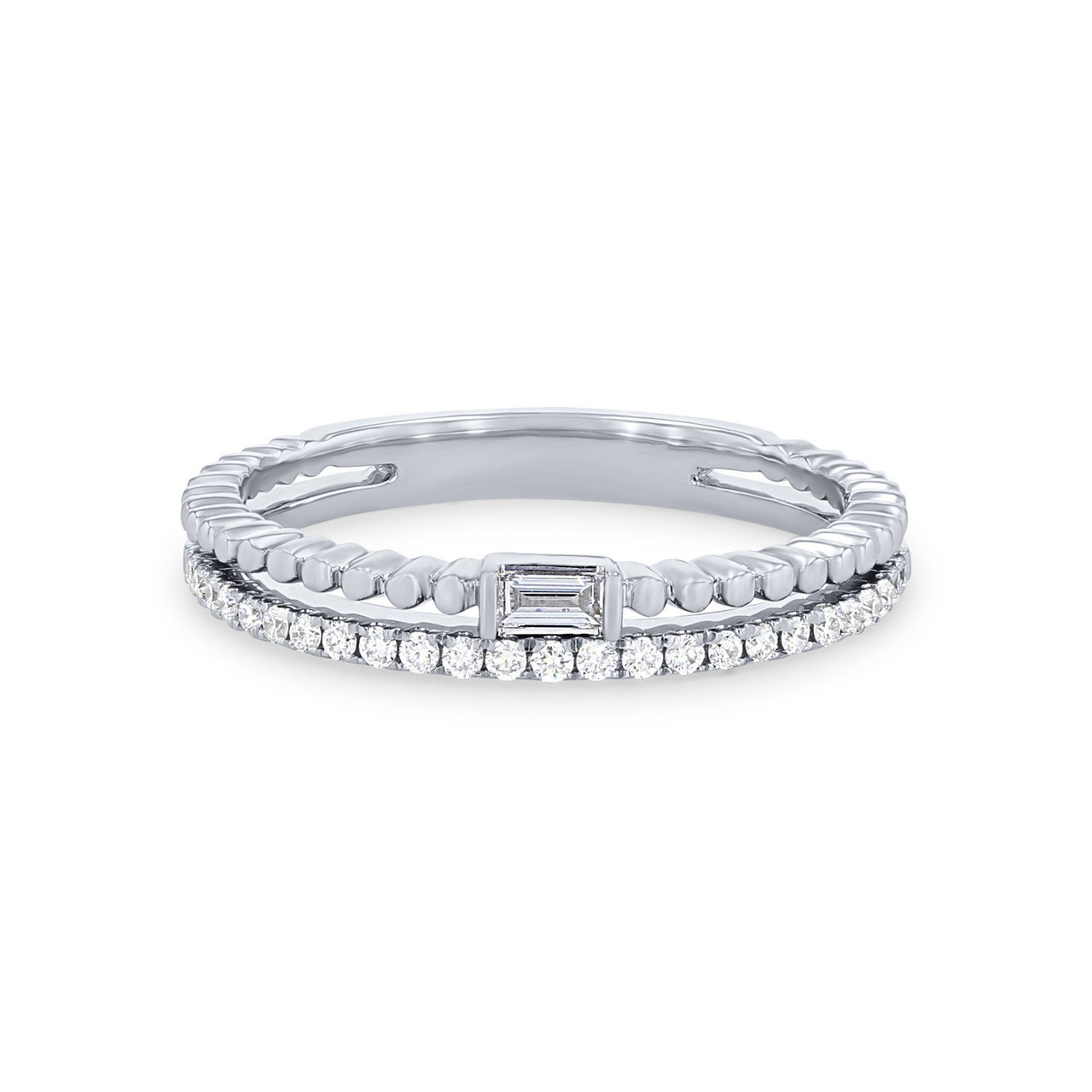 Uneek Two Row Beaded Baguette and Round Diamond Wedding Band