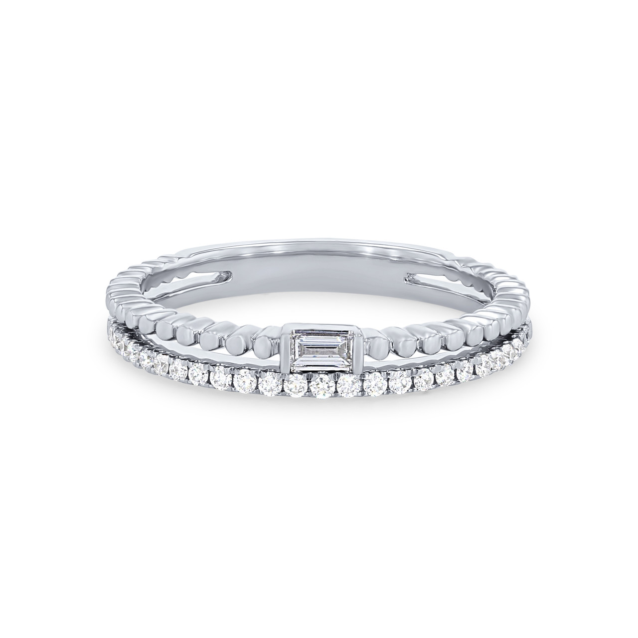Uneek Two Row Beaded Baguette and Round Diamond Wedding Band 0