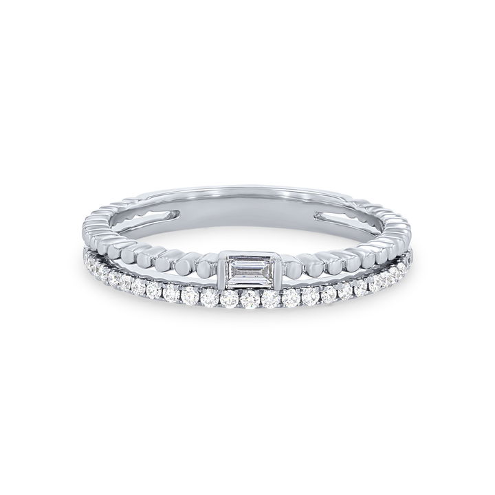 White Gold 14K Uneek Two Row Beaded Baguette and Round Diamond Wedding Band