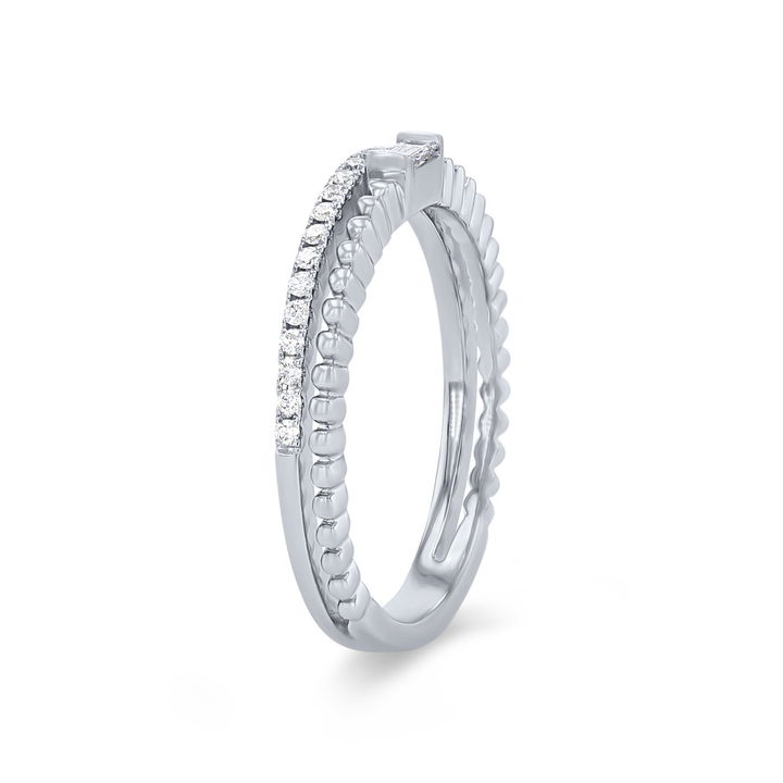 White Gold 14K Uneek Two Row Beaded Baguette and Round Diamond Wedding Band