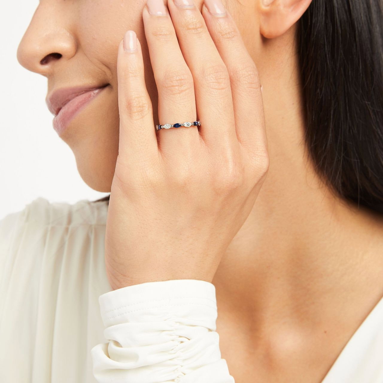 Alternating Marquise Sapphire and Diamond Wedding Band
