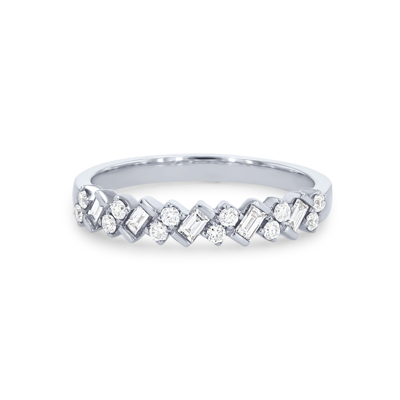 Uneek Diagonal Alternating Baguette and Round Diamond Wedding Band
