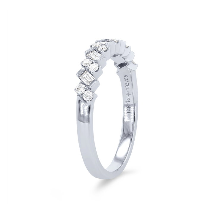 Uneek Diagonal Alternating Baguette and Round Diamond Wedding Band In Solid 14K White Gold