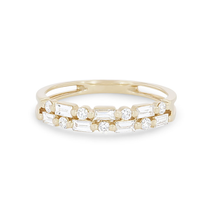 Uneek Two Row Alternating Baguette and Round Diamond Wedding Band In Solid 14K Yellow Gold