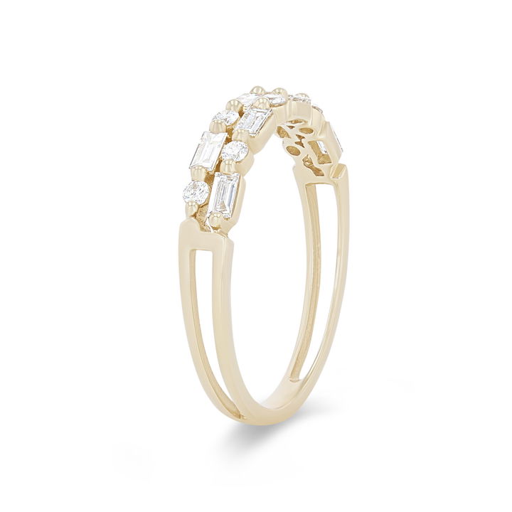 Yellow Gold 14K Uneek Two Row Alternating Baguette and Round Diamond Wedding Band